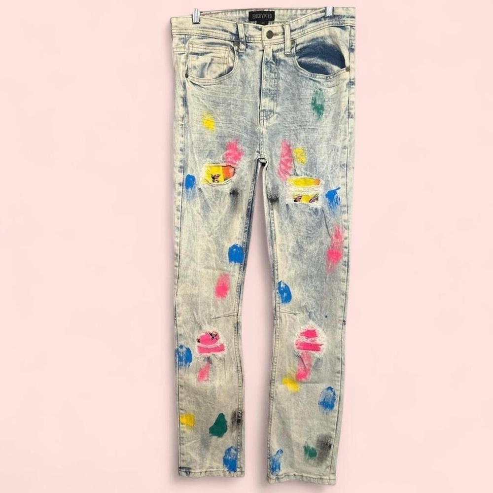 Boy’s Encrypted Paint Distressed Slim Straight Jeans Light Wash 20